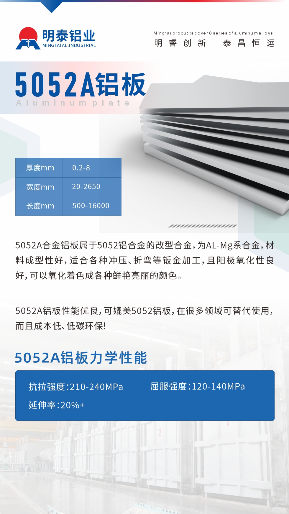 5052A合金鋁板屬于5052鋁合金的改型合金，為AL-Mg系合金，材料成型性好，適合各種沖壓、折彎等鈑金加工，且陽(yáng)極氧化性良好，可以氧化著色成各種鮮艷亮麗的顏色。5052A鋁板性能優(yōu)良，可媲美5052鋁板，在很多領(lǐng)域可替代使用，而且成本低、低碳環(huán)保!5052A鋁板力學(xué)性能抗拉強(qiáng)度：210-240MPa屈服強(qiáng)度：120-140MPa延伸率：20%+