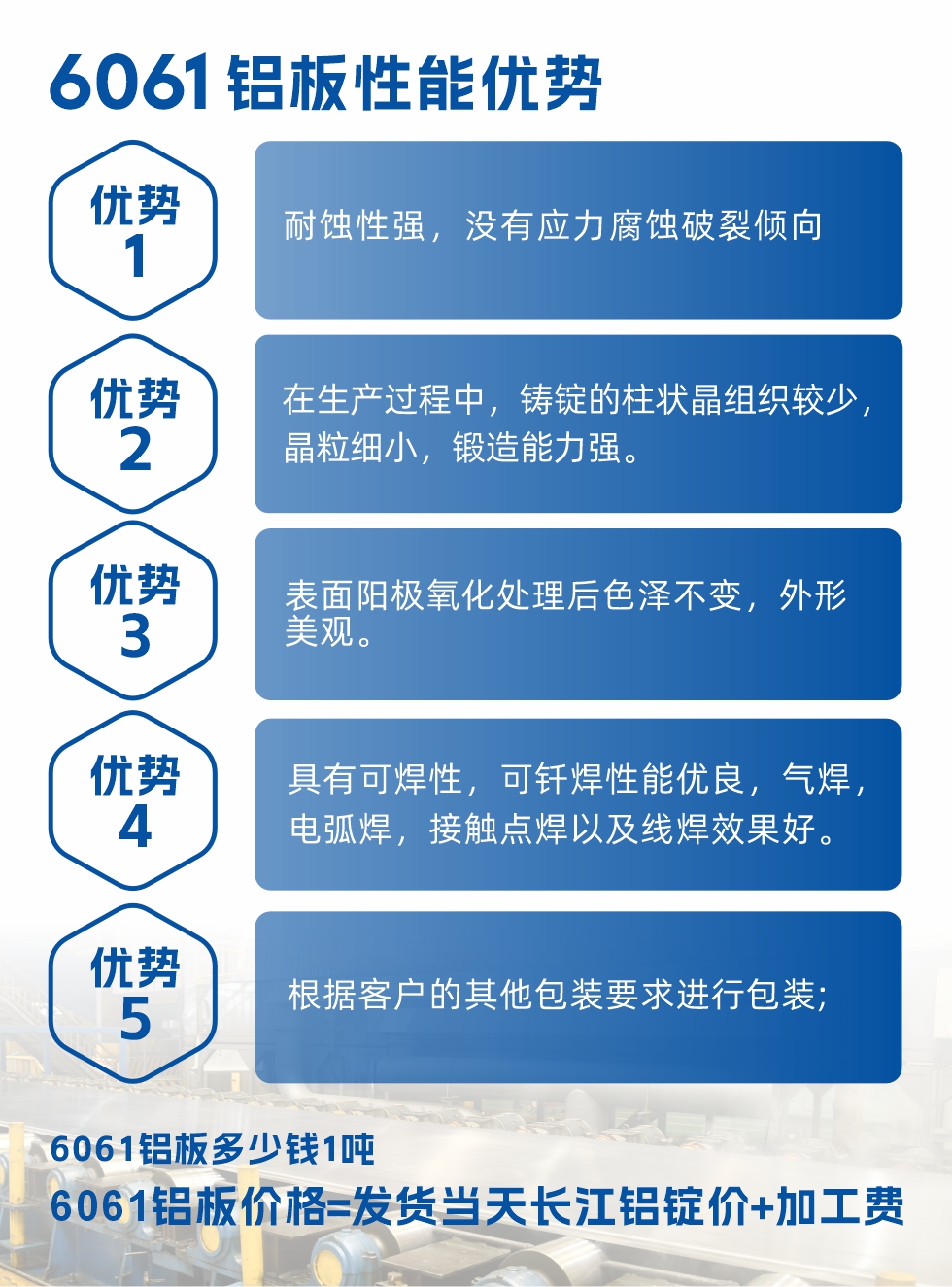 明泰鋁業6061鋁板性能優勢

　　1、耐蝕性強，沒有應力腐蝕破裂傾向。

　　2、在生產過程中，鑄錠的柱狀晶組織較少，晶粒細小，鍛造能力強。

　　3、表面陽極氧化處理后色澤不變，外形美觀。

4、具有可焊性，可釬焊性能優良，氣焊，電弧焊，接觸點焊以及線焊效果好。
