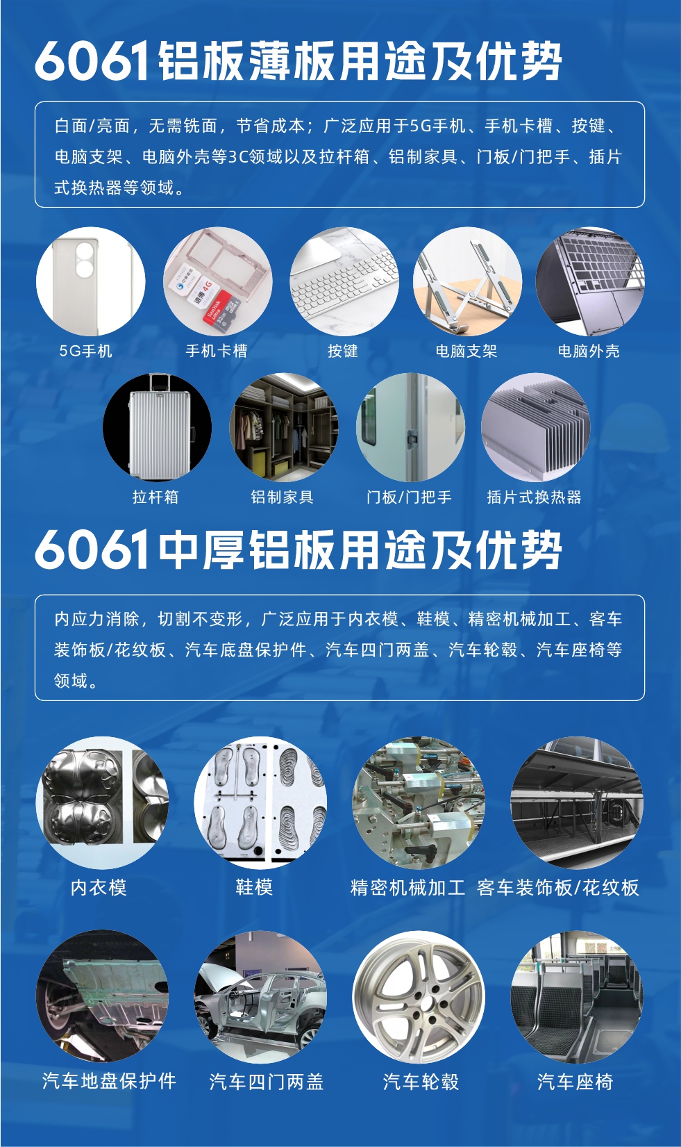 6061鋁板薄板用途及優勢:白面/亮面，無需銑面，節省成本；廣泛應用于5G手機、手機卡槽、按鍵、電腦支架、電腦外殼等3C領域以及拉桿箱、鋁制家具、門板/門把手、插片式換熱器等領域。
6061中厚鋁板用途及優勢:內應力消除，切割不變形，廣泛應用于內衣模、鞋模、精密機械加工、客車裝飾板/花紋板、汽車底盤保護件、汽車四門兩蓋、汽車輪轂、汽車座椅等領域。
