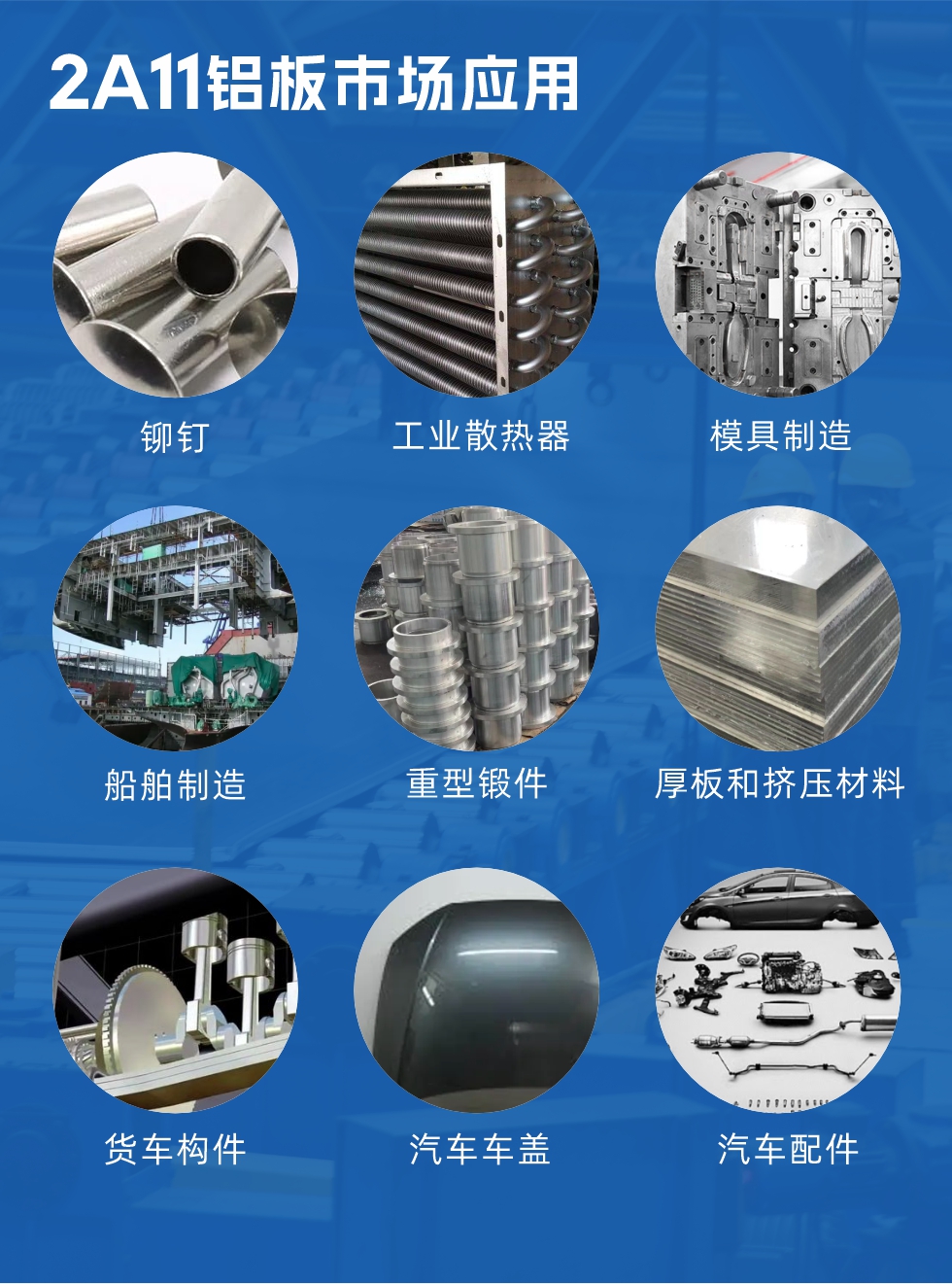 2a11鋁板市場應用:
鉚釘、工業散熱器、模具制造、船舶制造、重型鍛件、厚板和擠壓材料,貨車構件、汽車車蓋、汽車配件等領域。