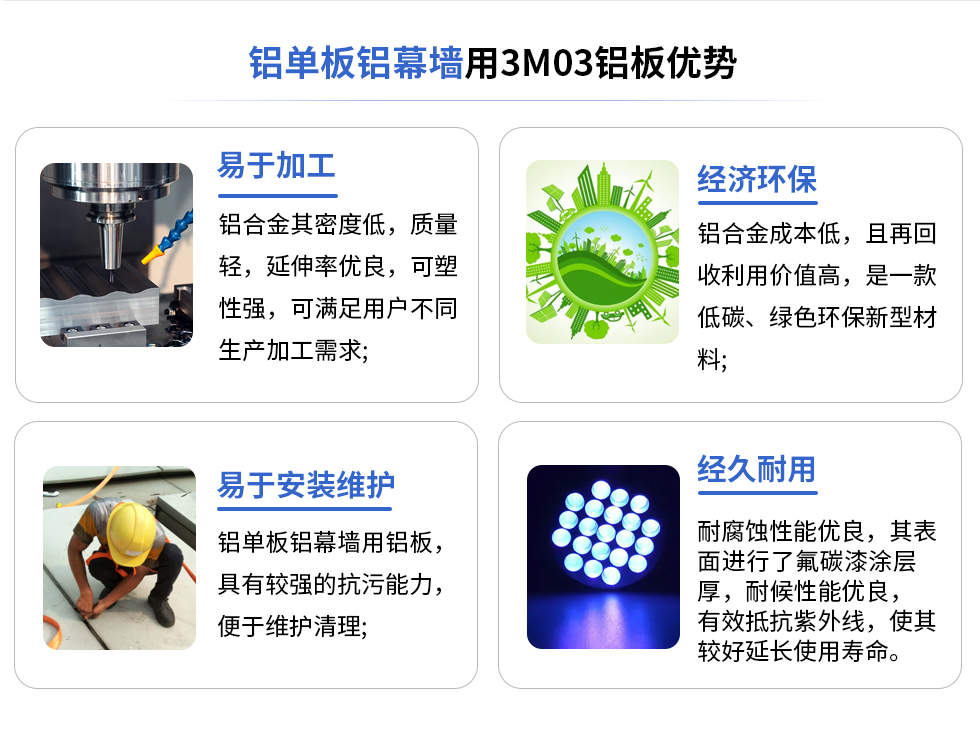 鋁單板鋁幕墻用3M03鋁板優(yōu)勢
易于加工
鋁合金其密度低,質量輕,延伸率優(yōu)良,可塑性強,可滿足用戶不同生產加工需求;
易于安裝維護
鋁單板鋁幕墻用鋁板具有較強的抗污能力,便于維護清理;
經濟環(huán)保
鋁合金成本低,且再回收利用價值高,是一款低碳、綠色環(huán)保新型材料,
經久耐用
耐腐蝕性能優(yōu)良,其表面進行了氟碳漆涂層厚,耐候性能優(yōu)良,有效抵抗紫外線,使其較好延長使用壽命。